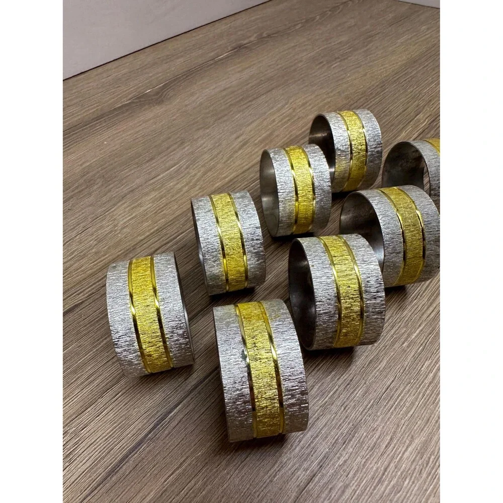 Vintage Mixed Metal Brushed Texture Napkin Rings Silver and Gold Set of 8